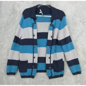 Jana Kos Sweater Women Large Cardigan Striped Merino Wool Open Front Preppy Blue